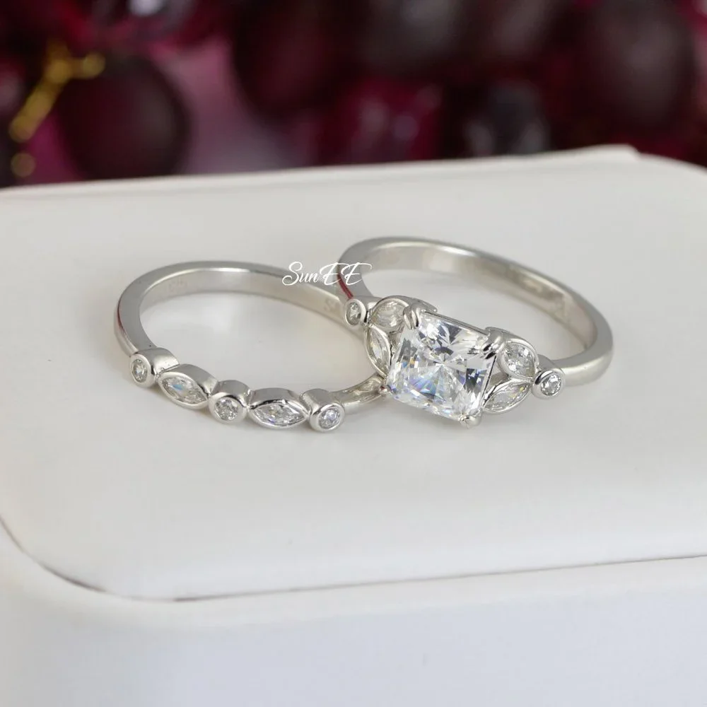 14k WHITE GOLD 925 STERLING SILVER PRINCESS CUT WEDDING BAND ENGAGEMENT RING - Picture 8 of 11